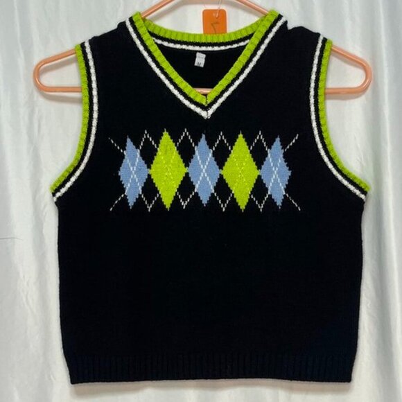Black & Green Argyle Sweater Vest – Size M – Worn Once - Picture 1 of 2
